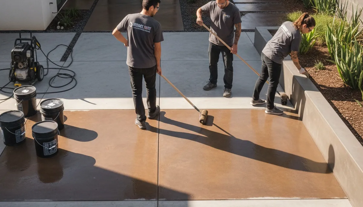 Professional concrete staining on residential patio in Fort Worth, TX by expert house painters