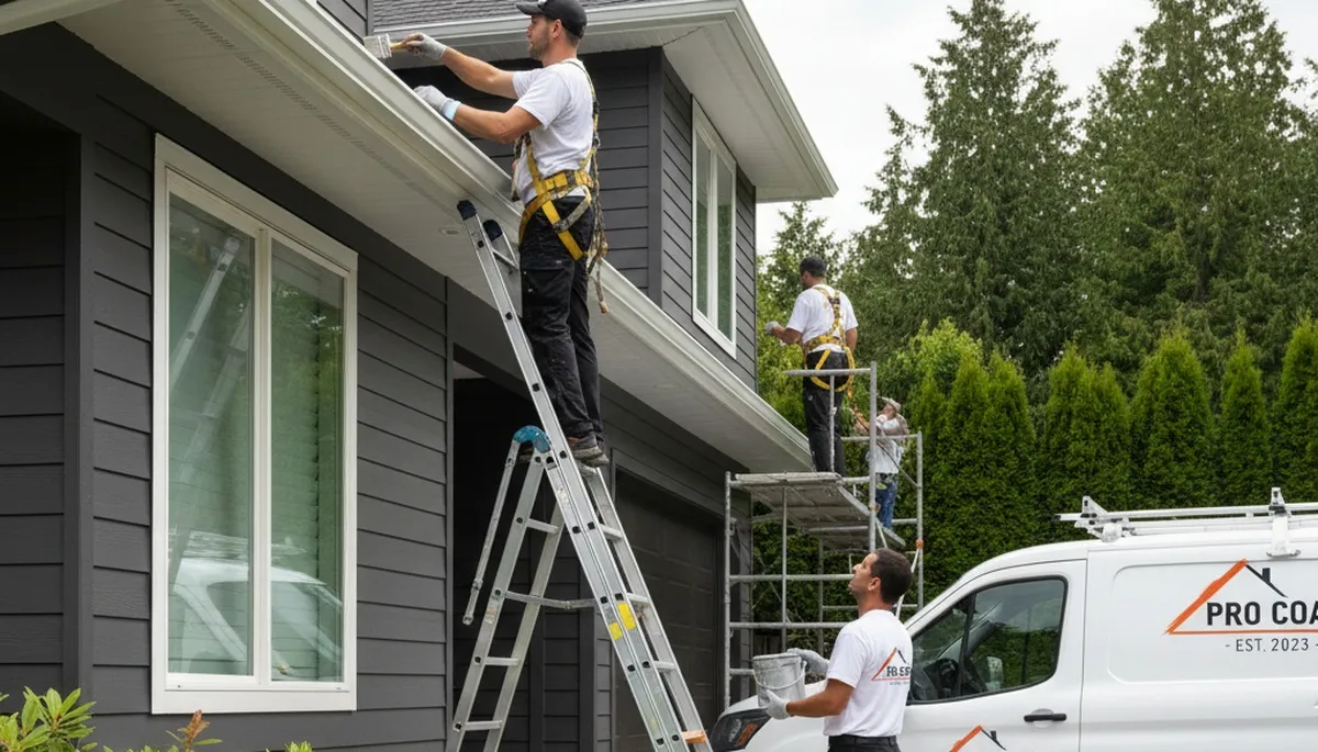 Professional gutter painting on Fort Worth TX home by local house painters using weather-resistant finish