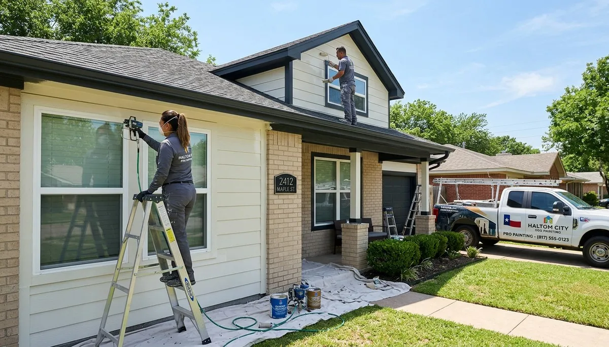Professional house painters working on residential exterior in Fort Worth, TX