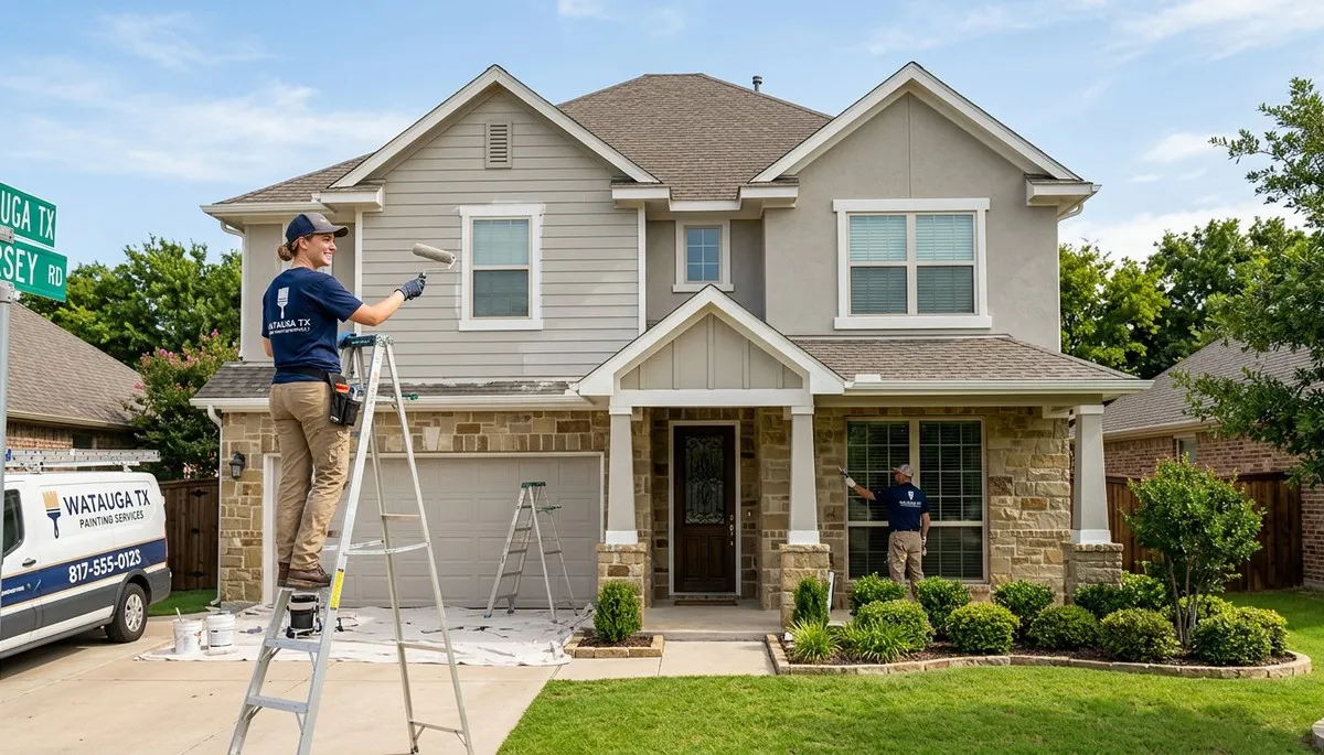 Professional house painters working on exterior home in Fort Worth, TX