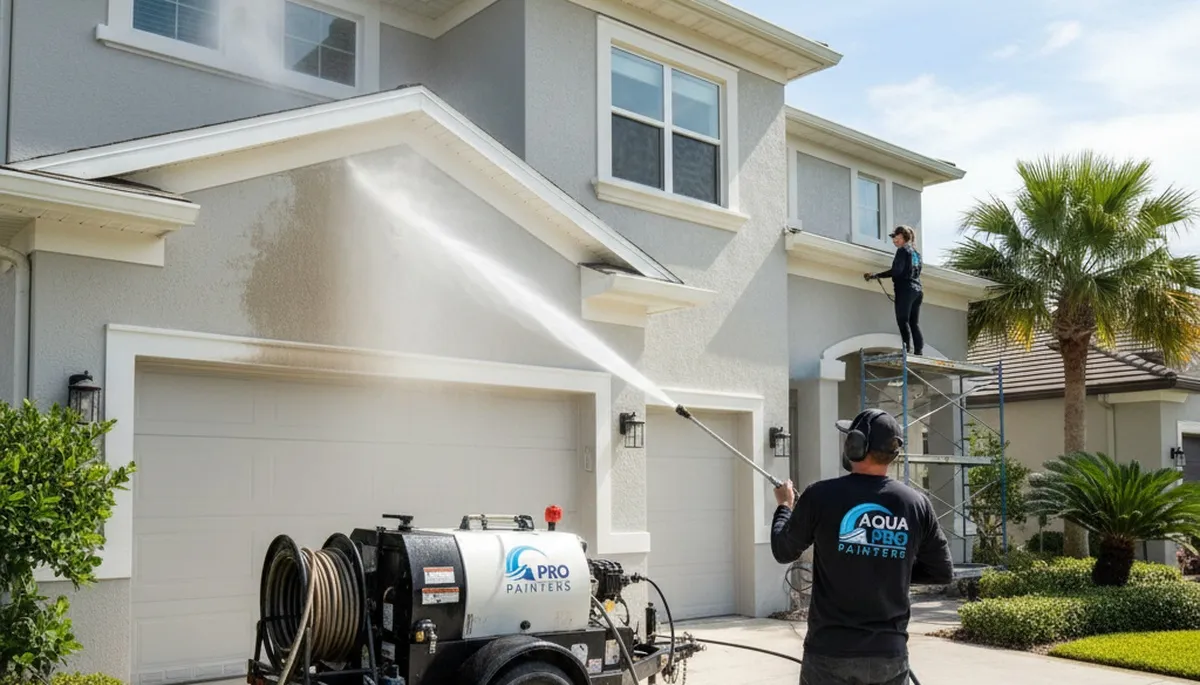 Professional pressure cleaning on Fort Worth TX home exterior by local house painting experts