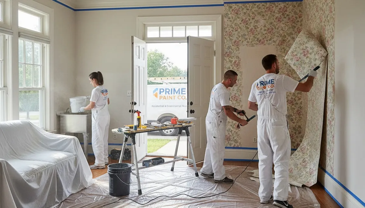 Painter removing old wallpaper in Fort Worth TX home during professional wall prep for painting